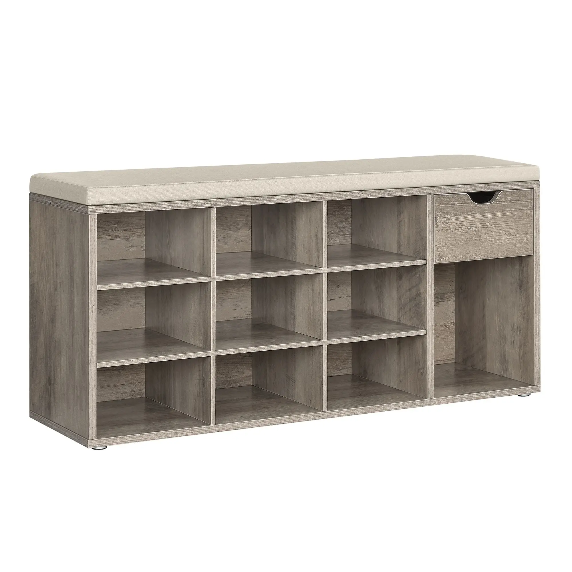 VASAGLE Cushioned Storage Bench with Drawers and Open Compartments for Entryway, Cushioned Seating