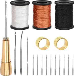 19 count Portable Canvas Leather Sewing Awl and  Kit With Nylon Waxed Cord Thread Thimble Assortment, Copper Handle Tools for Leather, Shoe and Repair