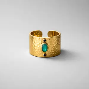 Wide Gold Ring with Emerald