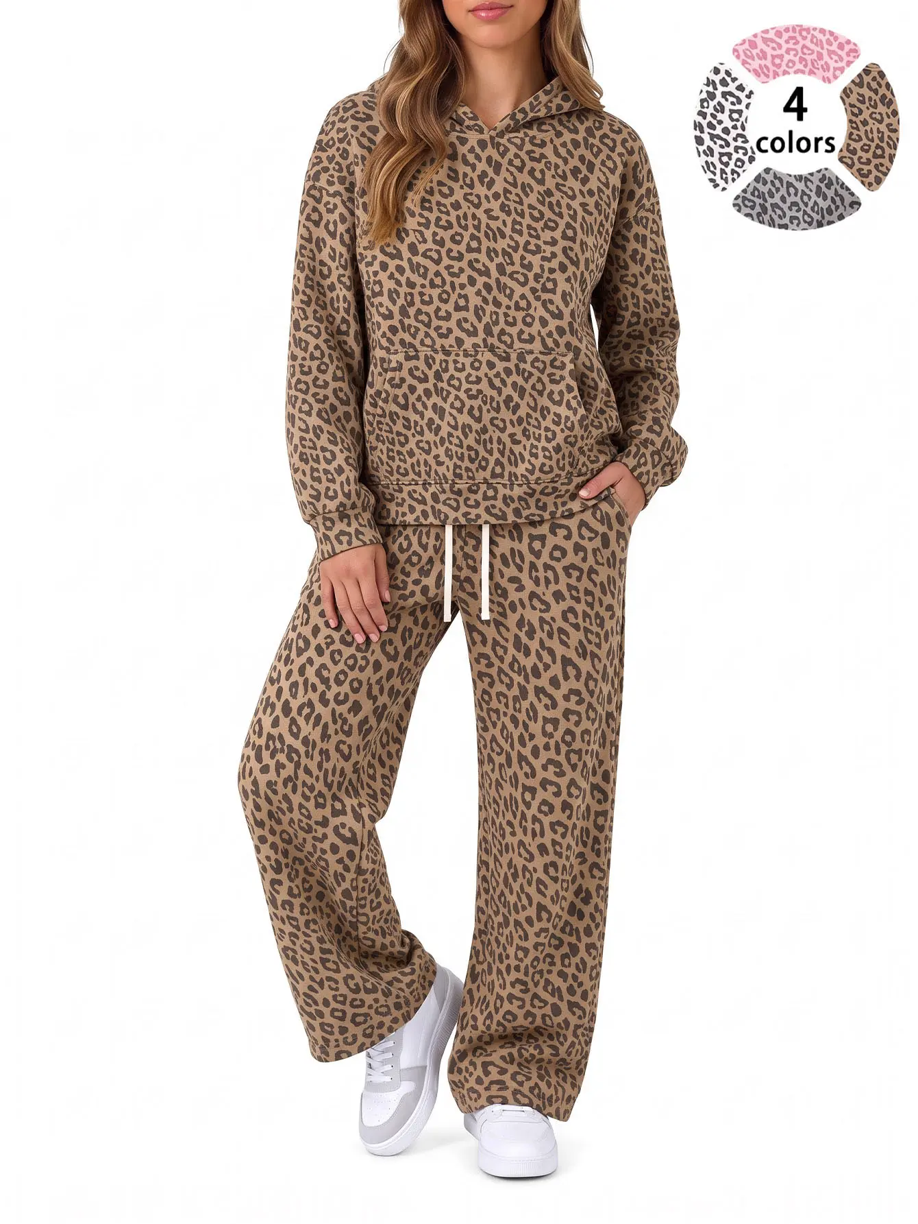 Women’s leopard-print casual two-piece set featuring a hooded top with classic kangaroo pocket design, paired with wide-leg pants with an elastic drawstring waist.The fabric is soft, breathable, and skin-friendly; a loose long-sleeve streetwear casual top