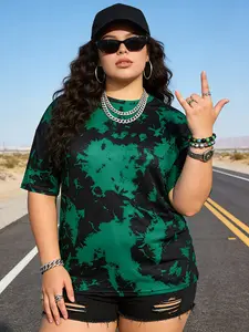 Women's Plus Size Curvy Tie Dye Loose Fit T-Shirt, Casual Round Neck Half Sleeve Top, Comfortable Comfy Street Style Streetwear for Spring Summer Daily Wear