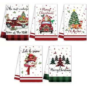 Christmas Kitchen Towel Set 5 Pieces, Super Absorbent Microfiber Holiday Dishcloths, Plaid Snowman Gingerbread Man Reindeer Tree Designs, Kitchen Cleaning Cloth