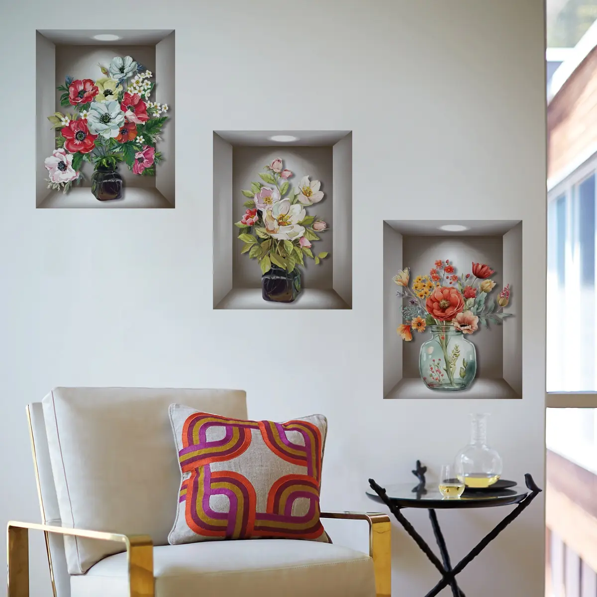 A set of three (35*45cm*3pcs) vase plant triptych wall stickers for decorating and beautifying self-adhesive background walls, entrance halls, and living rooms, Wall Stickers Decorations, Floral Pattern Sticker, Decorative Wall Sticker. Model: ATW045