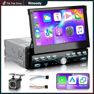 RIMOODY Single Din Car Stereo, 7-Inch Manual Telescopic Touch Screen 1080P HD MP5 Multimedia Player with Bluetooth, FM Radio Receiver, Rearview Camera Connection & CarPlay Support fathersdaygift