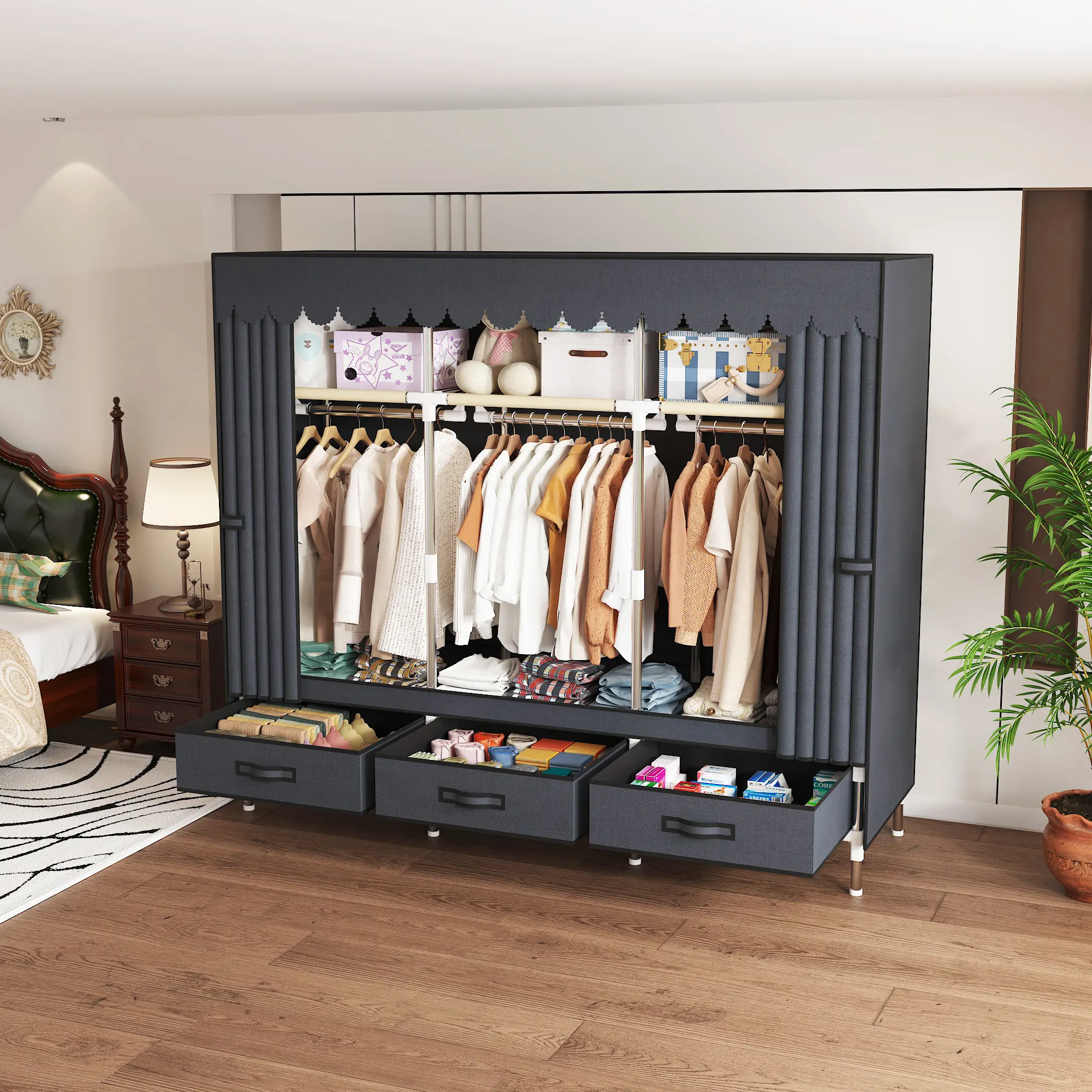 Portable Wardrobe Closet for Hanging Clothes, Large Capacity Bedroom Storage Organizer with  3 Storage Compartments, 3 Hanging Rods and 3 Drawers, Sturdy Metal Frame Fabric Cover Freestanding Closet, Suitable for Bedrooms, Dormitories, Rental Houses&More
