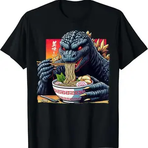 Funny Kaiju Eating Ramen Japanese Monster Lover Birthday T-Shirt Novelty Graphic T Shirt funny tshirt Undershirts Tees Casual Streetwear Classic Plain Men's Women Moisture Wicking Short Sleeve Crew Neck, Valentine's Day Gift.
