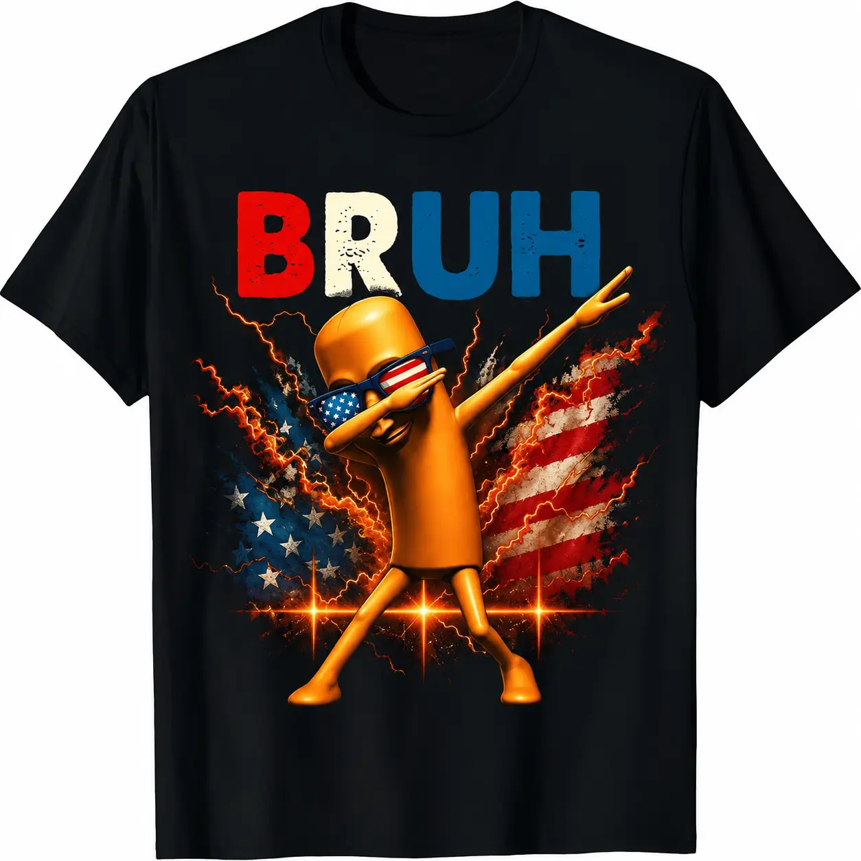 Funny Patriotic BRUH Hotdog Dabbing Graphic Print T-Shirt - Casual Wear, Skin-Hugging, Long-Lasting, Crisp Pigment, TUNGTUNGTUNG Sahur Vibe US Flag Lightning Design Sports Top, S, Xxxxl
