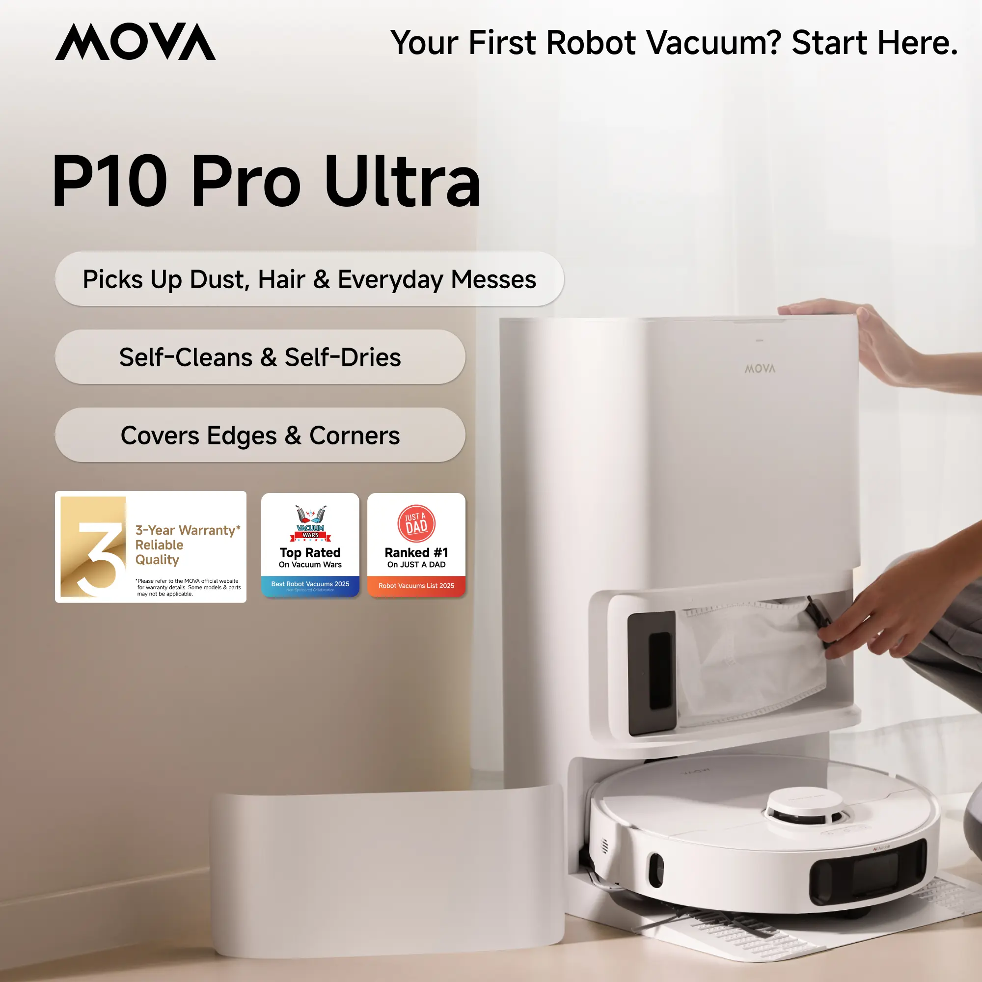 Mova P10 Pro Ultra Robot Vacuum and Mop with Self-Emptying, Robotic Vacuum with 13,000Pa Suction Vacuum Cleaner and 360°Obstacle Avoidance, 140°F Hot Water Auto Mop Washing&Drying, 10.5mm Mop Lifting for Carpet, App Control, Dual Extensions