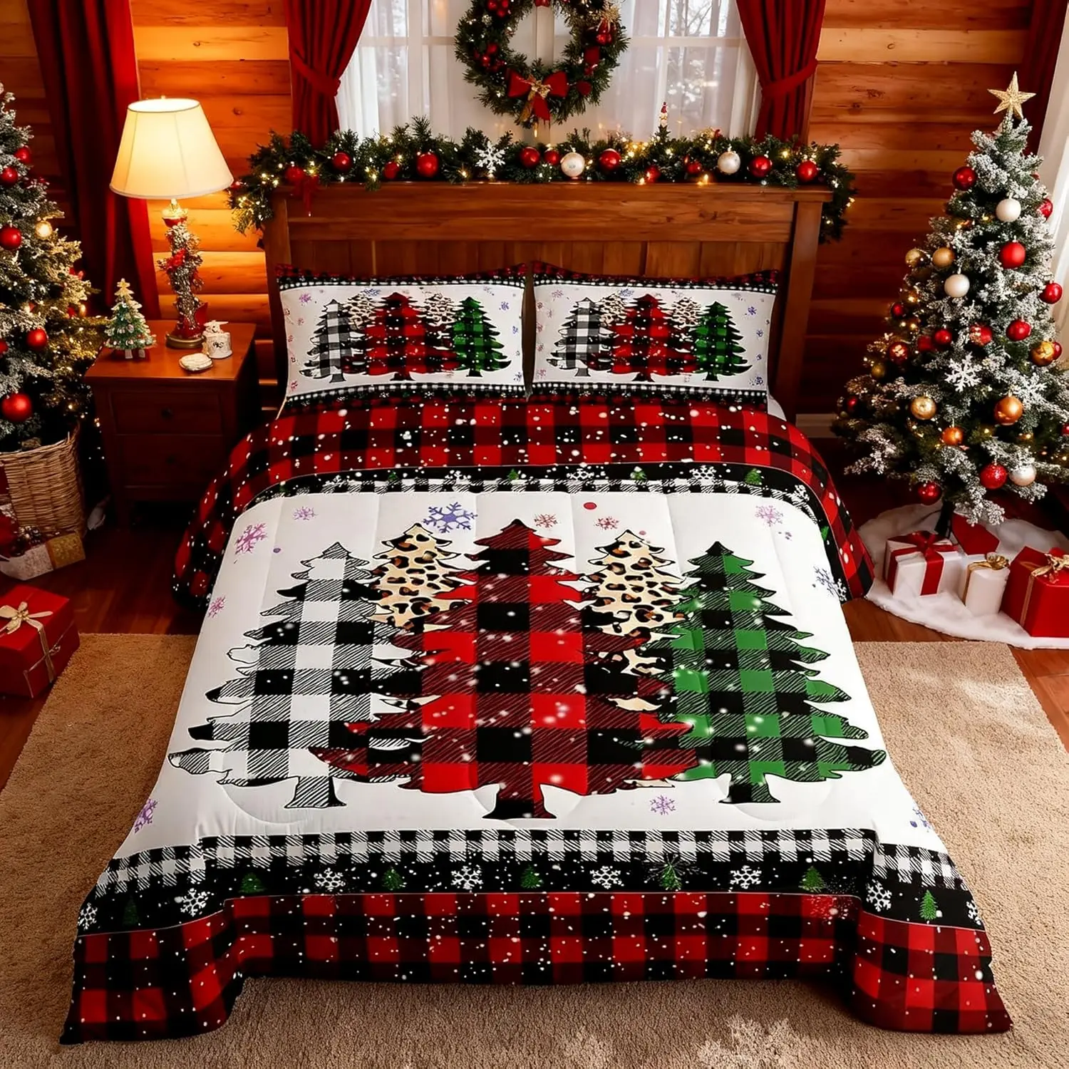 Christmas Snowflake Kids Comforter Set Plaids Leopard Pine Tree Bedding Set,Girls Boys Adults Room/Xmas Cabin Decor,Holiday Rustic Down Comforter,Red Black Duvet Insert