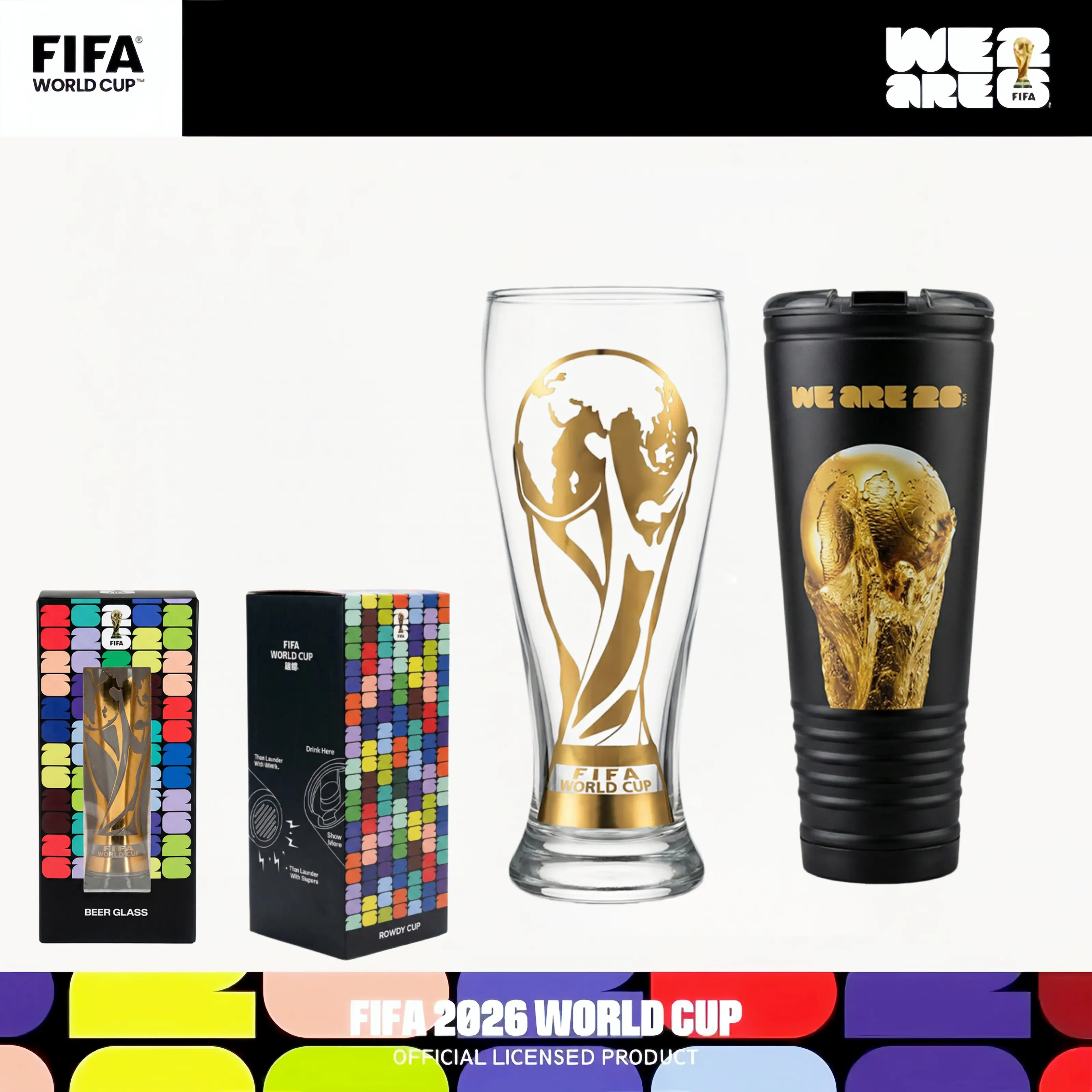 FIFA Official Licensed 2026 World Cup Beverage Set - 2-Piece Beer & Sip Combo (Glass Mug, Insulated Tumbler) with Gold-Logos Shine, Authentic Fan Merch, Ideal for Home Match Viewing, Sports Fan Shop Essential