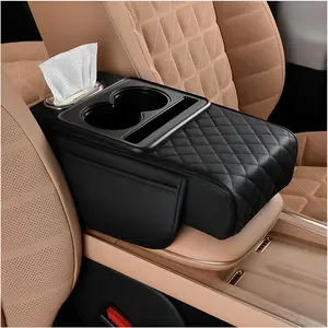 Center Console Armrest Pillow, Memory  Leather 4 in 1  Arm Rest Cover with Tissue Box 2 Side Storage Bag Cup & Phone Holder, Auto Armrest Cushion, Universal Fit (Black)