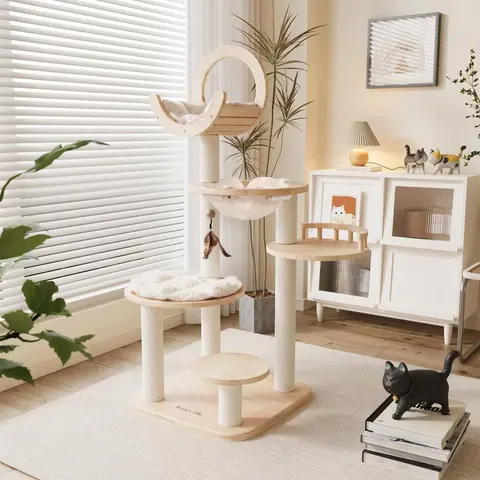 Happy & Polly 57in Contemporary Solid Oak Wood Vertical Scratcher - Scratching Posts with 3 Configs, 4 Perches, 1 Sleeping Bowl, Large Tower, Removable Mats, Shedfree Rope, for Multi-cat Families, Supports 22lb-100lb Pets