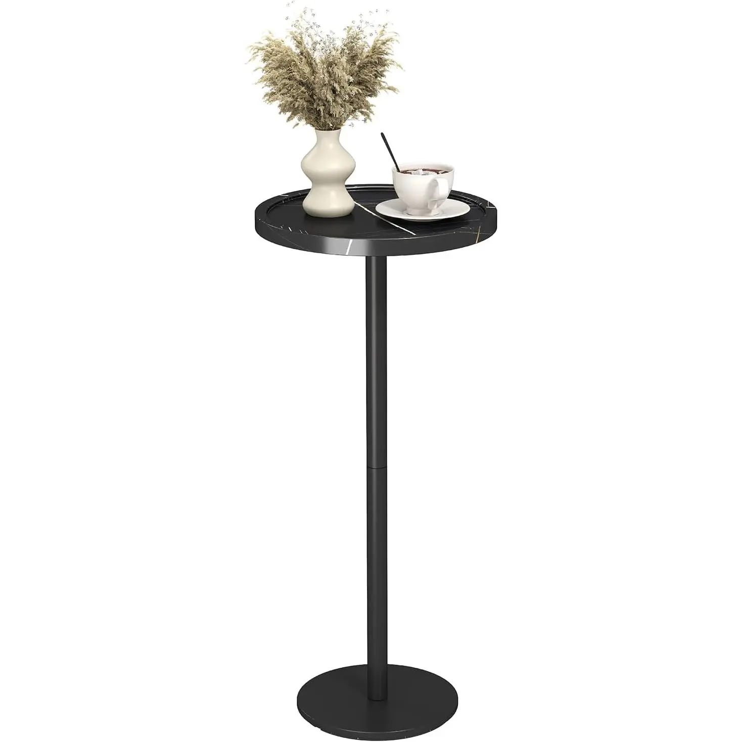 Art Deco Faux Marble Black Small Pedestal Table - 11" Diameter Round Iron Base, Lightweight Marble Look Piece for Living Room, Small Spaces (Cocktail, End Table)