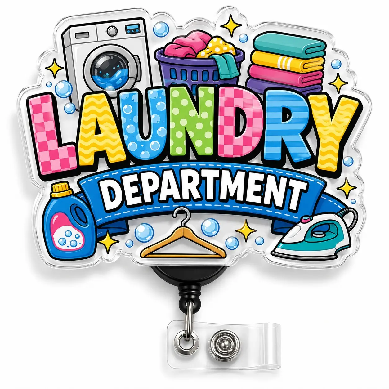 Badge Reel 2 Inch Laundry Department Retractable ID Holder Colorful Washer and Folding Clothes Acrylic Badge Clip for Hotel Staff and Laundry Workers