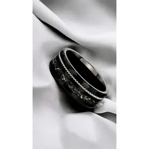 "TETHER" Tungsten Carbide Meteorite Ring - Black w/ Silver Rope