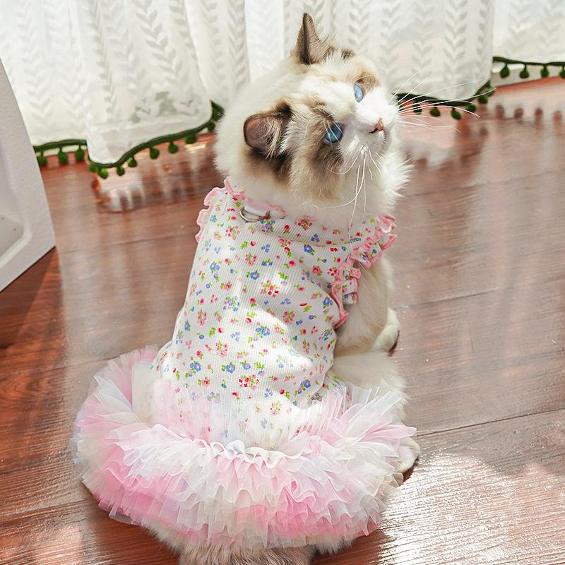 Pet Clothes Dog Cat Princess Mesh Dress Floral print Lace sleeveless Cute Breathable With Leash Ring D00048