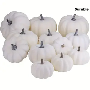 12pcs Rustic White Artificial Pumpkins - Durable Plastic, Assorted Sizes with Realistic Stems, Weather-Resistant Indoor/Outdoor Decor for Halloween, Fall, Thanksgiving Harvest Displays, Seasonal Centerpiece, Vintage Style, Longlasting Mater