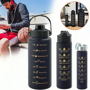 3 Pack Gradient Sports Water Bottles with Handle, Leakproof Travel Bottle, Time Marker Hydration Reminder for Camping & Gym Workout, Sports Drinking Bottle