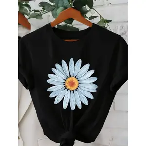 Womens Cotton Short Sleeve Graphic Tee Blue Daisy Flower Print Crewneck Casual Summer Top Soft Breathable Lightweight Everyday Vacation Beach Streetwear