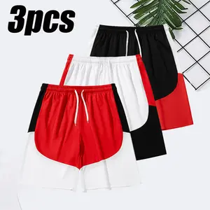 Men’s 3-Pack Basketball Athletic Shorts, Colorblock Drawstring Bermuda Shorts, Breathable Quick-Dry Outdoor Running Training Shorts