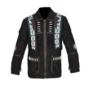 Men's Black Suede Leather Fringe Cowboy Jacket
