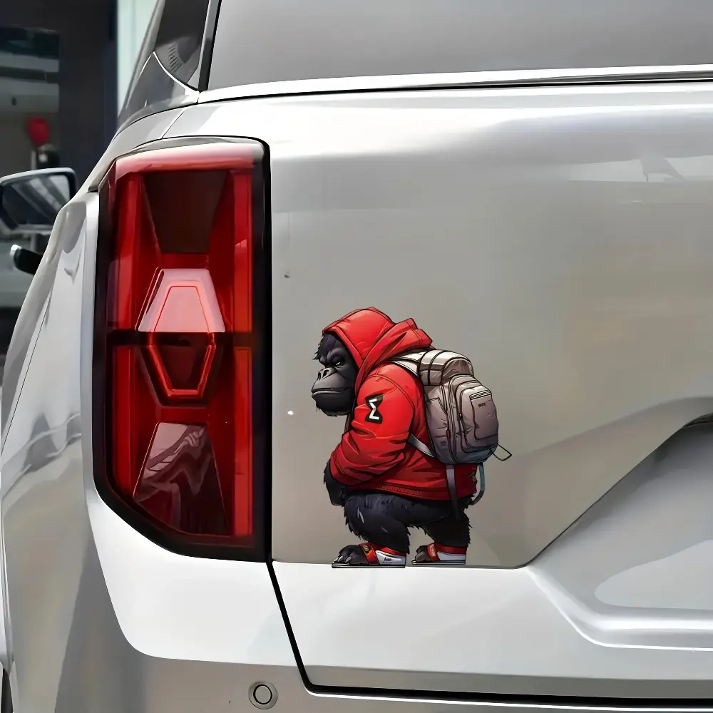 1PC Street Trendy Personalized Cool Logo Sticker Stick on car bodies , this red-outfit trendy gorilla decor instantly has a street cool vibe, car owners who prefer street trendy styles can use it as a super eye-catching trendy decoration