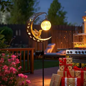 Solar Ground Stake Light, Lawn Decoration Lamp, Yard Lighting, Hollow Iron Bird Moon Design, Includes Broken Glass Ball, Outdoor Garden Pathway Decor, Solar Garden Lights, Garden Decorative Lighting
