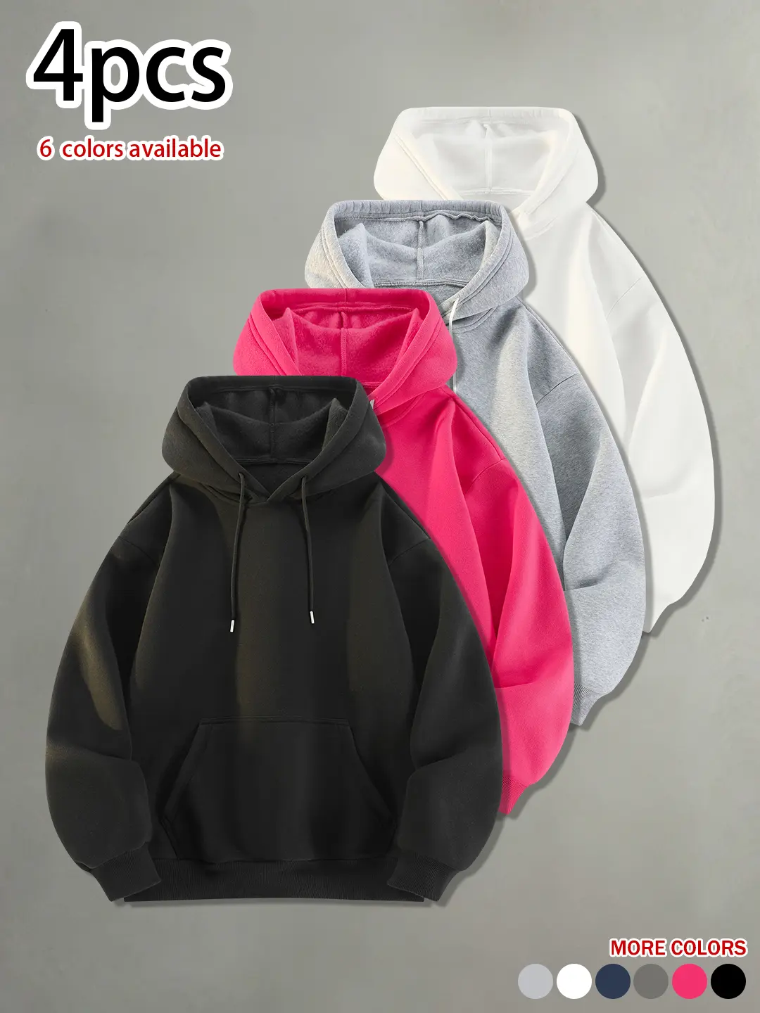 Available in packs of 4 or 1 piece. Men’s simple casual hooded sweatshirt for spring and autumn—loose fit, solid color, basic, comfortable, skin-friendly. Versatile everyday fashion casual sports pullover hoodie.