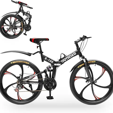 Outroad 26-Inch Wheels Unisex High Carbon Steel Folding MTB Bike - 21-Speed Gears, 17-Inch Frame, 6-Spoke Rims, Full Suspension, Dual Disc Brakes, Seat, Free Pedals, Quick-Release Setup, All Tools, 300 lbs Capacity, 39 lbs, for Adults, Black/Orange/Green
