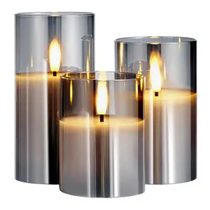 VEVOR Gray Flickering Flameless Candles,  Set of 3 Battery Operated Flameless Led Candles with 10-Key Remote and Timer, Real Wax & Warm Color Flickering Light for Festival Wedding Home Party Decor