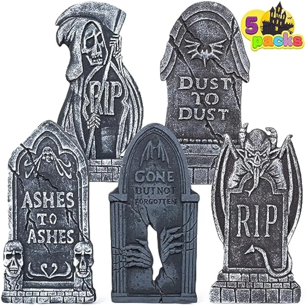17 Halloween Tombstones for Graves Decorations Outdoor (5 Pack), Foam RIP Graveyard Headstone Decorations and 12 Bonus Metal Stakes for Halloween Yard Lawn Decor