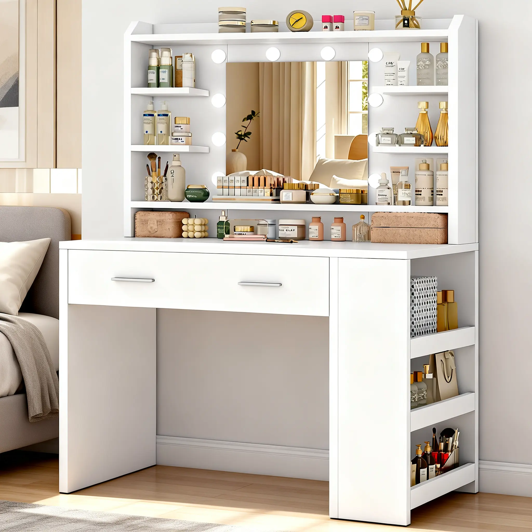 Vanity Desk with Mirror and Lights,10 Lights,3 Color Modes,Makeup Vanity Desk with 6 Storage Shelves and 2 Drawers,White vanitys-New Upgraded Quality for Bedroom. campingessentials