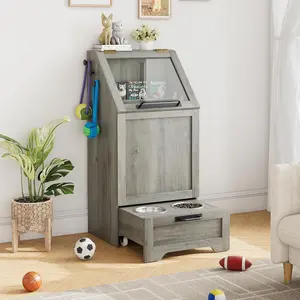 Dog Food Storage Cabinet with Storage,Pet Feeding Station,Flip Top Dog Food Cabinet with 2 Elevated Dog Bowls,Modern Hidden Design, Cat Storage Organizer, for Food and Pet Supplies Storage,Grey