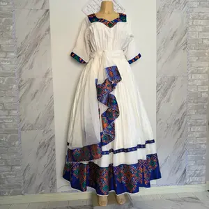 Ethiopian Traditional Dress with Rich Blue and Multicolor Embroidery for Cultural Celebrations Womenswear
