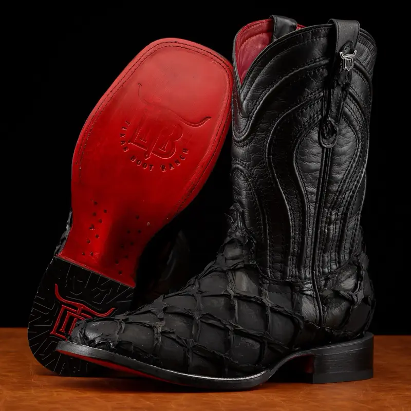 Matte Black Jumbo Pirarucu Print Boots - Square Toe