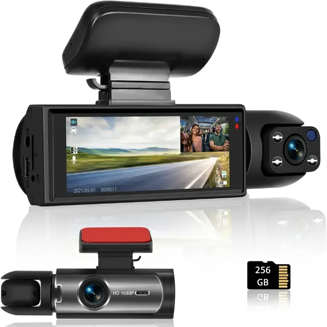 Dashcam Front and Inside,Car Camera Dash Cam for Cars,Driving Recorder with IR Night Vision,Loop Recording,Wide Angle Lens,3.16 Inch IPS Screen,Parking Mode (Dark)