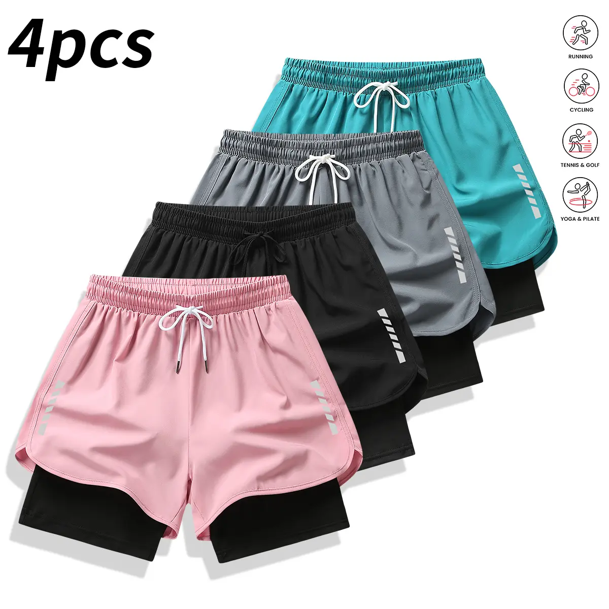Women's 4pcs Athleisure Shorts - Normal Type, Striped Print, Built-In Lining, Drawstring, Elastic Waistband, Lightweight Polyester Fabric, Fashion Sporty Chic, Suitable for Workouts, Casual Wear
