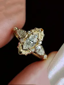 Retro Marquise Cut White Cubic Zirconia Wedding, Vintage Bridal Elegant Ring for Women Fashion Engagement Proposal Jewelry Birthday Christmas Gifts, Suitable for All Seasons, Daily Unique Gifts, Cubic Zirconia Rings