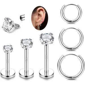 ZELORES 6Pcs G23 Titanium 16G-18G Internal Threaded Artificial Zircon Flatback Piercing Jewelry - Women's Silver Industrial Bar (6/8/10mm Length) Labret Studs, Tragus Hoops, Nose Rings