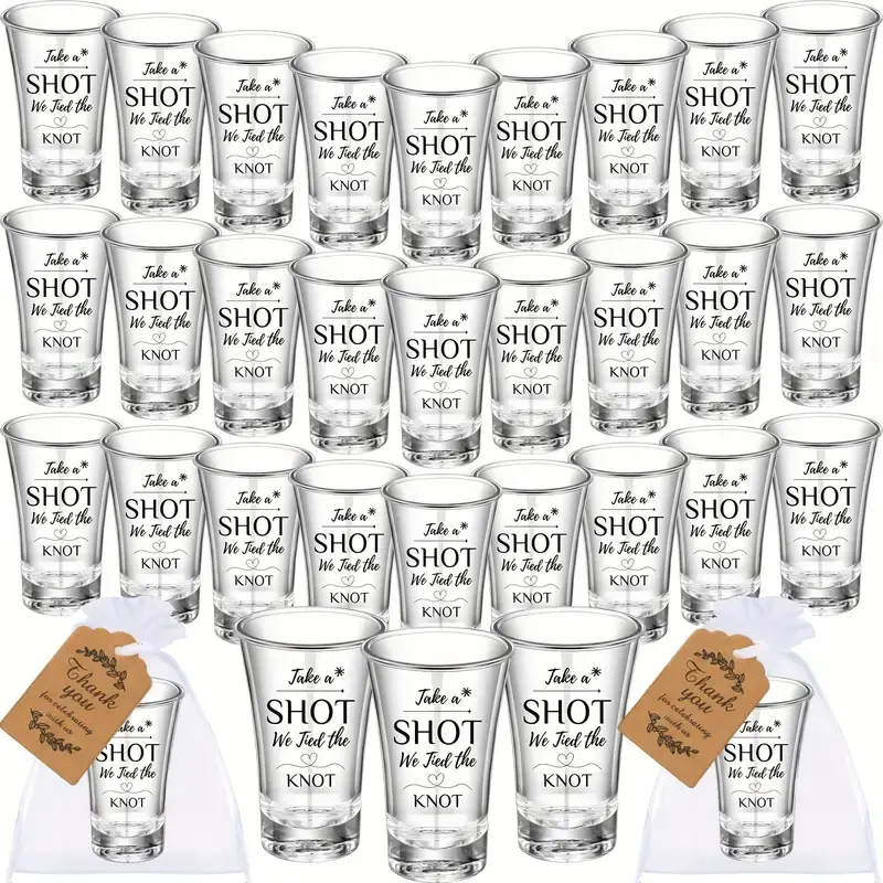 50PCS Acrylic Wedding Shot Glasses – 1.2oz Favors for Guests with 'Take a Shot We Tied the Knot' Stickers, Thank You Tags & Organza Bags – Bridal Shower & Engagement Party Supplies