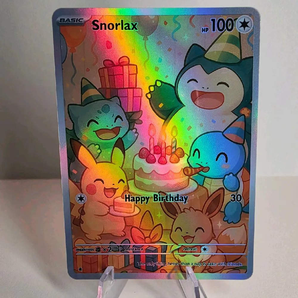 Snorlax Happy Birthday Custom Holographic - Multiple Patterns - Fan-Art Card - Handmade Collectible Trading Card