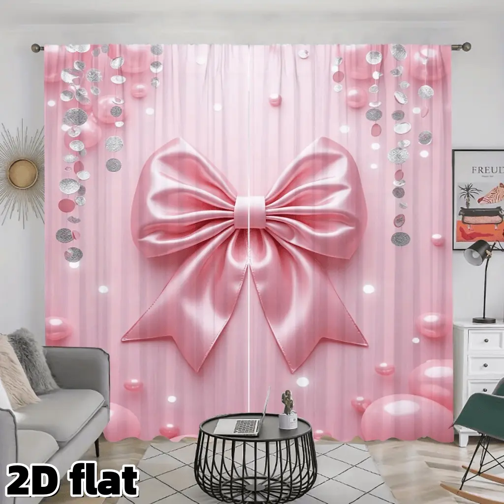 2D Flat 2Pcs Pink Bow Pattern Curtains Silver Glitter Dots Design Rod Pocket Style Semi Sheer Polyester Fabric Room Decor Suitable for Living Bedroom Window Treatment Privacy Protection, Home Decorative Curtain