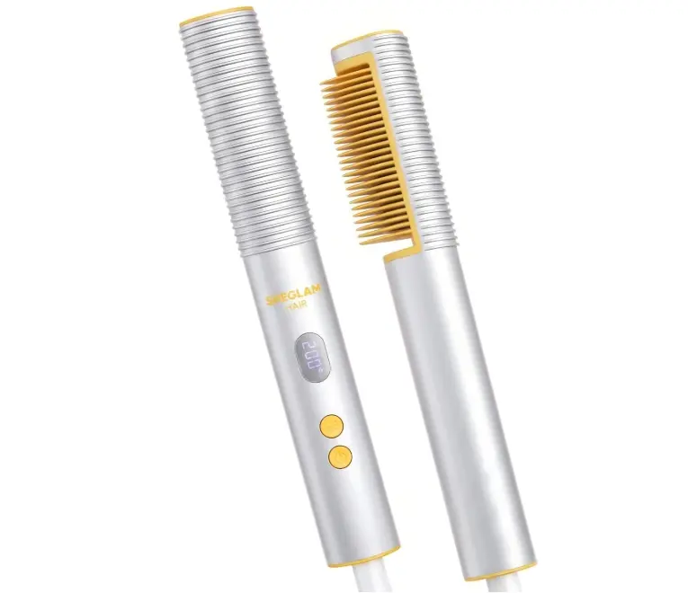 SHEGLAM Hair Straightener Brush, Hair Straightener with 24K Gold Comb, 3D Ionic Hot Comb Straightener, Anti-Scald Design, Auto-Off, Frizz Control, Sleek & Smooth Styling