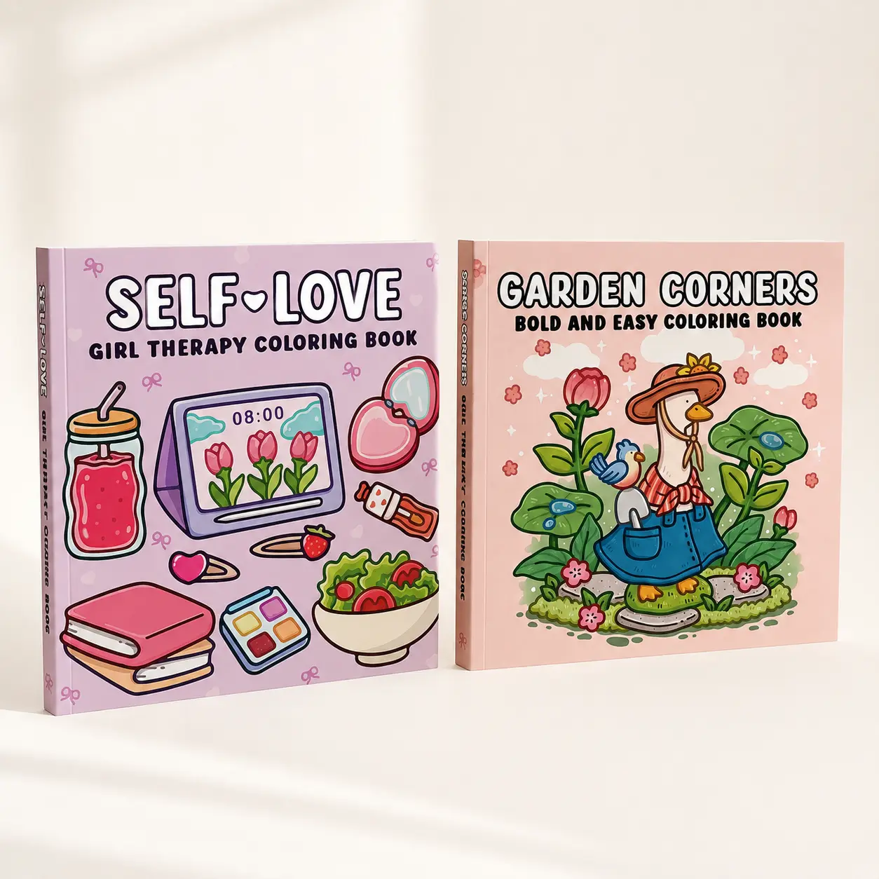 Coloring Pages Set for Adult & Teens  (2 coloring Sheets: Garden Corners, Self-Love), Bold Easy Cute Designs, Stress-Relief DIY Arts & Crafts Gift Supply