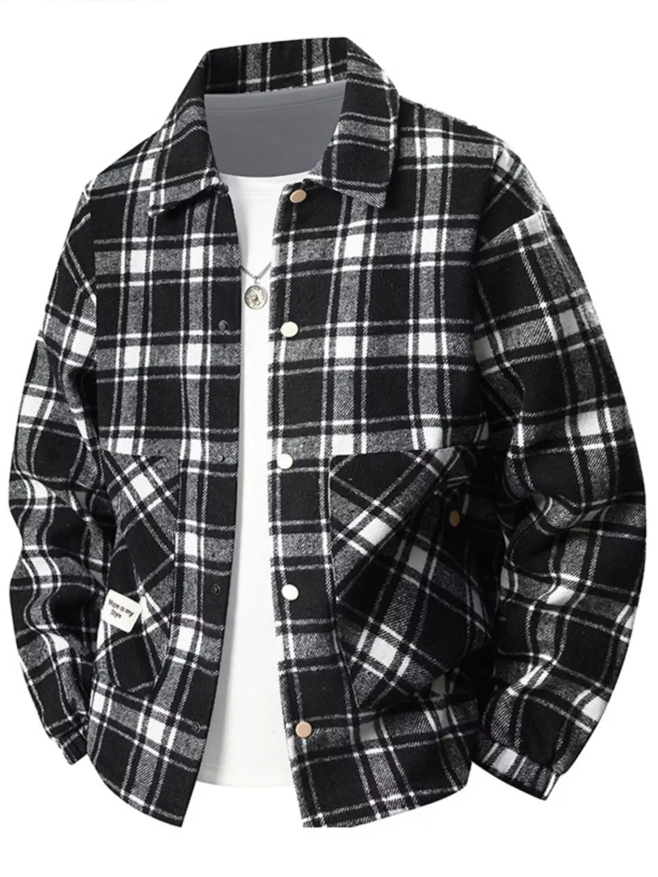 Men's Plus Size Shacket, Casual Basic Style Plaid Button-Up Long Sleeve Jacket with Chest Pocket, Sizes up to 7XL, 3Xl, 2Xl, Checked
