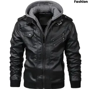 2025 New Men’s Fashion Multi-Pocket PU Jacket with Detachable Hood Slim Motorcycle Jacket Menswear Coats Western Clothing Western Wear Men