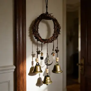 Vintage Witch Bells Door Hanger,Boho Protection Charm with Soft Chime · Spiritual Home Decor · Handwoven Rattan Ring