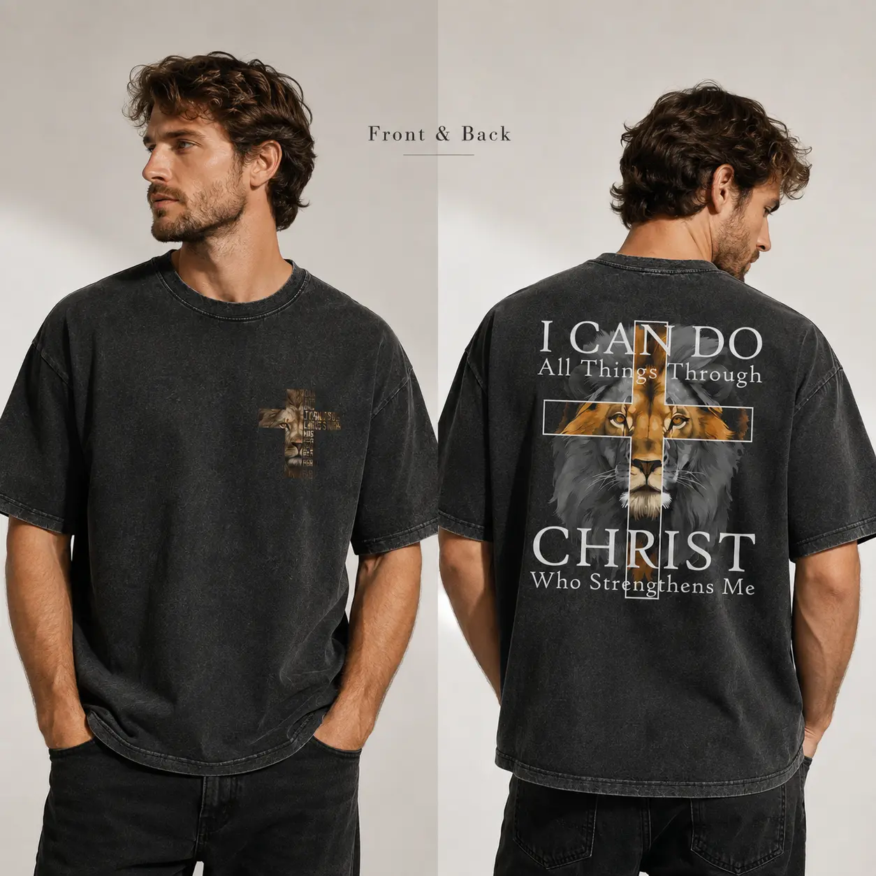 Men’s Philippians 4:13 Christian Lion Graphic T-Shirt, Vintage Washed Oversized Cross Tee, Double-Sided Faith Streetwear Shirt