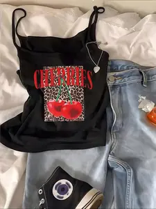 Women's Tight-Fit Tank Top, Sweet Spicy Sleeveless Design, Leopard Cherry Print, Thin Strap Crop Top, Summer Fashion Breathable Sleeveless Tops