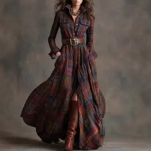 Women's Plaid Flared Skirt, Turn-down Collar Waist Tie Split Design Vintage Ankle-length Dress, Casual Vacation Style Long Skirt